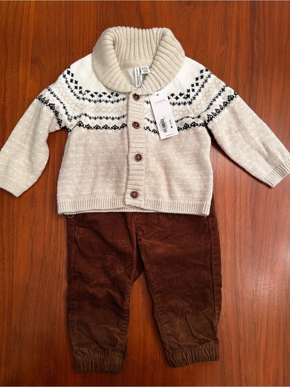 NWT Janie and Jack set! Cream Fair Isle Shawl Collar Cardigan Sweater and cords